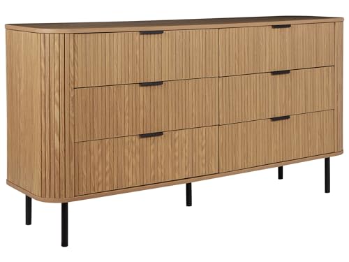 Beliani Kommode Heller Holzfarbton mit 6 Schubladen Metallbeine schwarz Retro Bradley