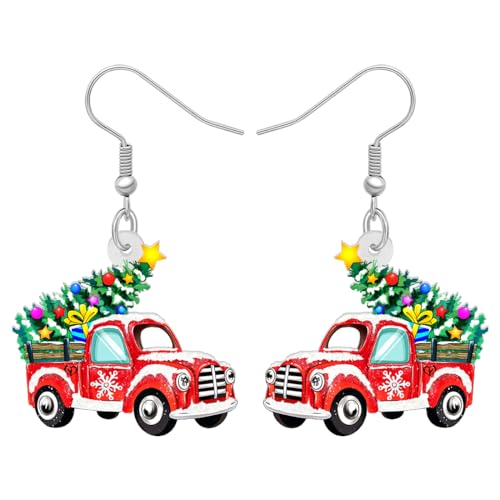 DUOWEI Acrylic Christmas Truck Tree Garland Earrings Drop Dangle Jewelry For Women Festival Gifts (Christmas Red Truck C)