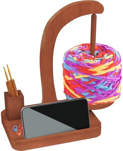 Upgraded Yarn Holder for Crocheting,Wooden Crochet Yarn Holder Magnetic Rotation Yarn Spinner with Crochet Accessories Storage and Phone Stand,Yarn Ball Holder Crochet Gift for Knitting Lovers