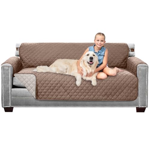 Sofa Shield Couch Slip Covers for Dogs, Reversible Furniture Protector with Strap, Stain and Tear Resistant Cushion Cover, 70 inch Seat, Machine Washable Slipcover Pets, Cats, Latte Linen