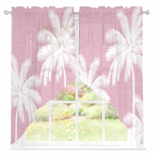 Swag Valances for Windows, Peach Pink Palm Tree Farmhouse Window Valance Sheer Curtains Light Filtering Swag Curtains for Kitchen, Bedroom, Bathroom, Summer Botancial Tropical Farmhouse 28"Wx36"Lx2