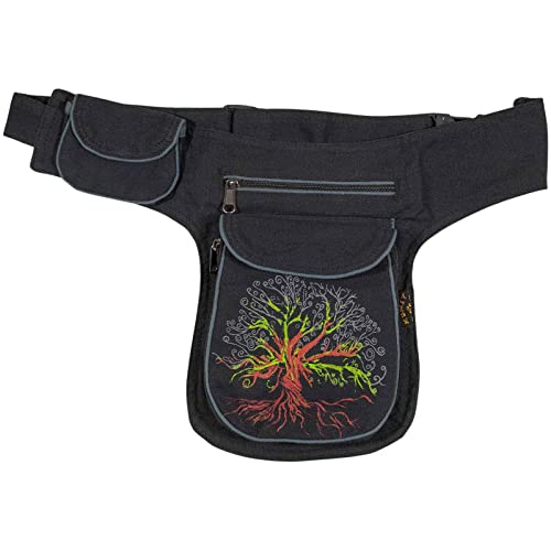 KUNST UND MAGIE Bauchtasche Lebensbaum Gürteltasche Festivaltasche Sidebag Hüfttasche, Farbe:Schwarz/Grau