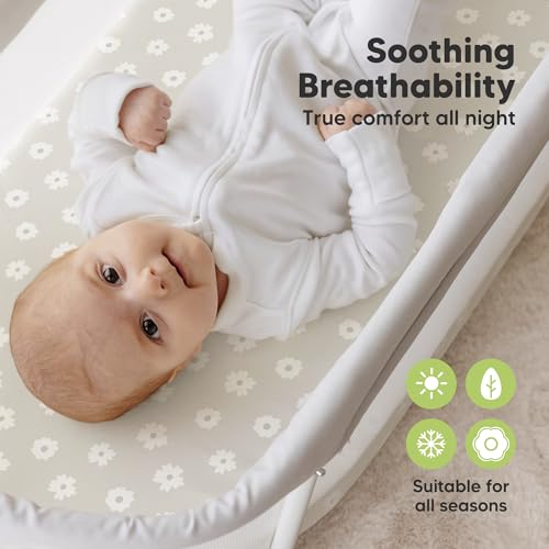 Image of 2-Pack Organic Bassinet Sheets for Girls, Boys - 100% Cotton Bassinet Mattress Sheets Compatible with Halo Bassinest Swivel Sleeper, Graco, Baby Delight, Chicco, Unisex Fitted Bassinet Sheets (Meadow)