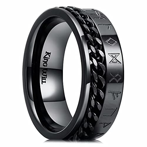 King WillStainless Steel Spinner Wedding Band for Men 8mm Black Golden Plated Greek Key Ring Fidget Ring