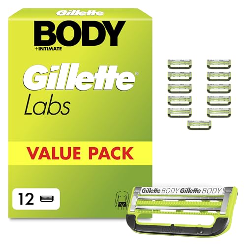 Gillette Labs Body + Intimate 12 recharges de lames de rasoir homme, rasage du corps et de la zone intime, authentiques, 2 lames, barre anti poils incarnés et irritation