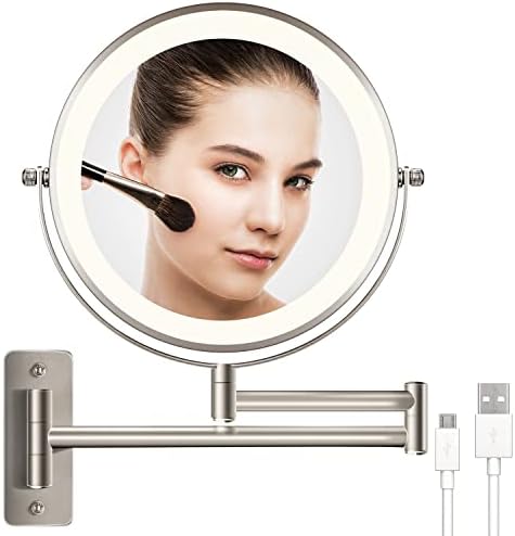 Rechargeable Wall Mounted Lighted Makeup Vanity Mirror, 8 inch 1X/10X Magnifying Mirror with 3 Color Lights, 17 Inch Extendable Bathroom Mirror Nickel, Dimmable 360° Swivel Shaving Light up Mirror