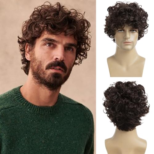 Baruisi Short Brown Wig for Men Synthetic Curly Brown Hair Wig Heat Resistant Cosplay Replacement Wig