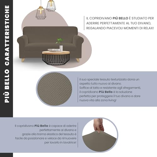 Piu Bello Copridivano Bielastico Elasticizzato Con Braccioli Sagomati – Copri Divano 2 Posti Estensibile 130–170 Cm, Salvapoltrona Antimacchia, Lavabile In Lavatrice, Tessuto Premium - Tortora - 3
