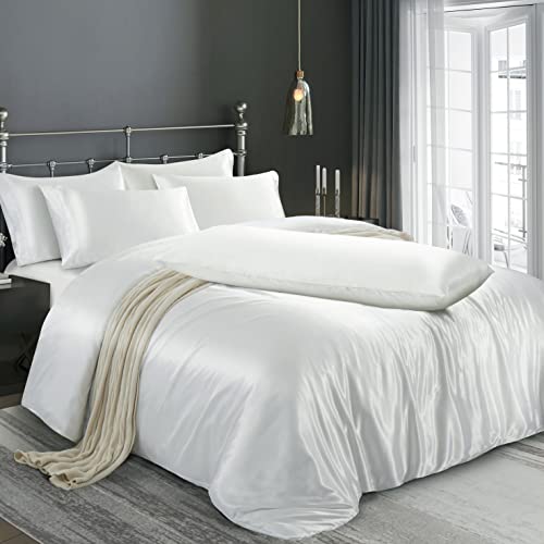 Image of Ersmak 6 Pieces Satin Duvet Cover King Size Luxury Silky Bedding Duvet Cover Set with 1 Soft Duvet Cover, 4 King Pillowcases and 1 Body Pillowcase, Ivory White