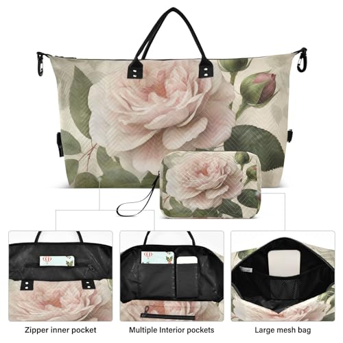 Large Travel Duffel Bag, Retro White Floral Sport Tote Gym Bag, Shoulder Weekender Overnight Bag for Women Men, Carry On Luggage with Toiletry Bag2