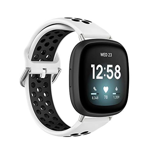 iPartsonline Silicone Sport Band Compatible with Fitbit Versa 3, Breathable Dual Color Rubber Replacement Watch Bands Women Men for Fitbit Sense Smartwatch Wristbands, White Black