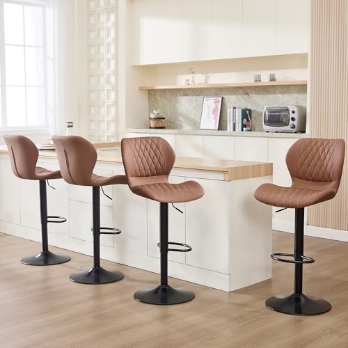 Image of Bar Stools Set of 4, Modern Swivel Counter Height Barstools with Back for Kitchen Island Chairs, Adjustable Faux Leather Bar Stools for Kitchen Counter Bar, Rust