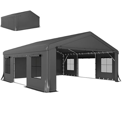 Outsunny 20' x 20' Heavy Duty Carport, Portable Garage Car Canopy Tent with Reinforced Galvanized Frame, 3 Roll-up Doors, 4 Mesh Windows for Cars, Trucks, Boats, Motorcycle, Bike, Dark Gray