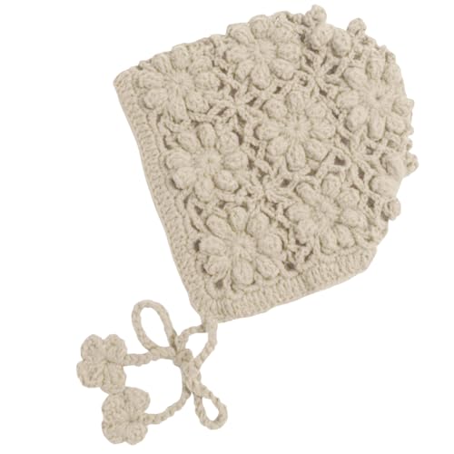 Toddler Girl Beanie Handmade Hollow Crochet Flower Earflap Knit Hats Baby Bonnets with Strap4