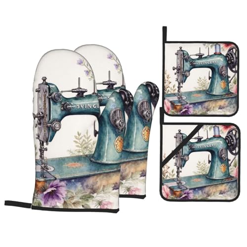 Vintage Floral Sewing Machine Watercolor Design Baking Kitchen Mitts Set