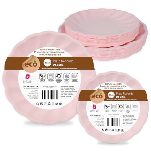 Platos Desechables - 48 Platos en Forma de Flor - 24 Platos de 23 cm y 24 Platos de 19 cm - Fabricado con Caña de Azúcar - Ideal Para fiestas de cumpleaños, comuniones - Color: Rosa - Aktual