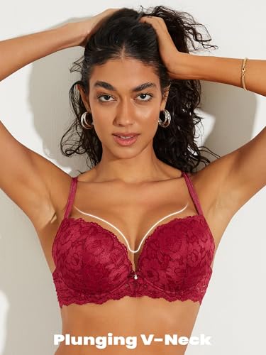 Image of Push Up Bras for Women Add 2 Cups Sexy Lace Cleavage Extra Padded Plunge Bra Underwire