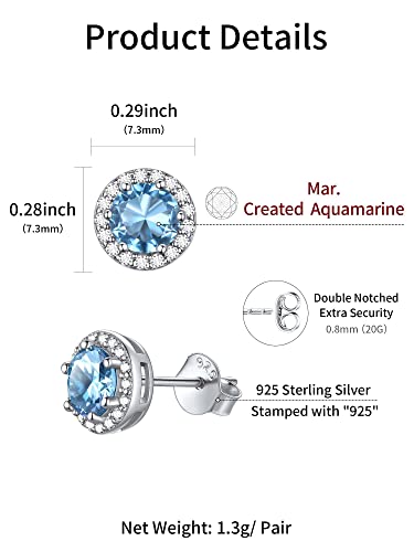 Chicsilver Women March Birthstone Jewelry 925 Sterling Silver Round Blue Aquamarine Stud Halo Earrings 7Mm Birth Stone Hypoallergenic Earrings #TOP3