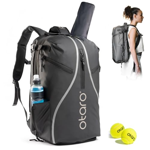 Otaro Tennisrucksack mit Schuhfach, Laptop- & Thermofach für 2 Schläger | 42 L | Tennistasche Herren | Getränk- & Ballfach | Tennistasche Damen inkl. Regenschutz & Wäschesack (Schwarz Reflektierend)