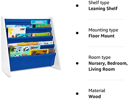 Fineway. 4 Tier Kids Book Storage Rack Wooden Sling Bookshelf Childrens Bookcase Shelves (Blue)