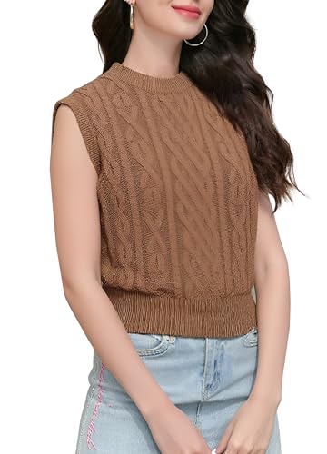 Image of Womens Cable Knit Vests Crew Neck Sleeveless Knitted Pullover Sweater Tops, 1# Camel, X-Small
