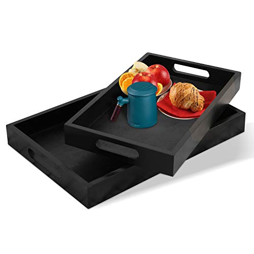Serving Tray 2-Piece Set with Bamboo Serving Tray and Black Food Tray – Raised-Up Edges and Waterproof Finish – Heat-Insulated Wooden Tray – Modern and Elegant Wood Serving Tray 149 x 98in - Black
