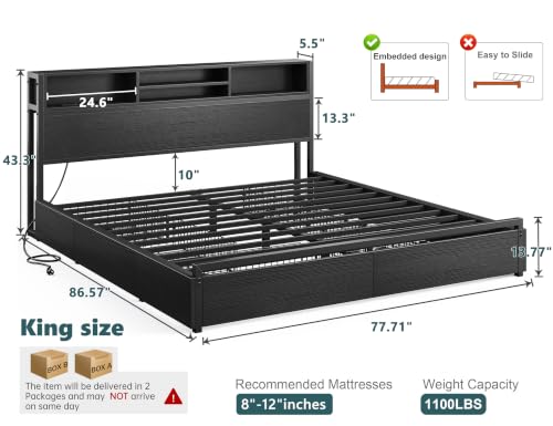 Image of EnHomee King Bed Frame with 6 Storage Drawers, Charge Station,Noise-Free