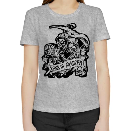 Anarchy Sons American Drama Series Black White Drawing Classique Femme T-shirt Gris avec Col Rond et Manches Courtes, gris, XS