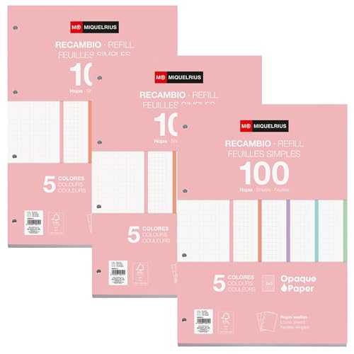 Miquelrius - Blocs de recambio, 300 hojas cuadriculadas 5x5 mm, Papel opaco 90 g/m², Recambio hojas A4 perforadas para carpeta de anillas o archivadores, Material escolar ideal para la vuelta al cole 🔥