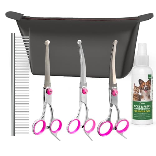 Image of V2 Dog Grooming Shears Set | 6 Piece Stainless Steel Pet Grooming Kit | Straight Up Curved Down Curved Fish Mouth Scissors | 2 in 1 Steel Comb | Anti Tick Flea Spray 100 ml | Carry Bag