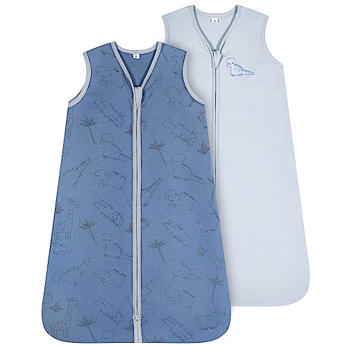 TILLYOU Organic Cotton Sleep Sack - Premium Wearable Blanket for Baby, Soft and Safe Design for a Cozy Sleeping Experience, 2-Pack for Infants 18-24 Months, Blue Dinosaur & Light Gray