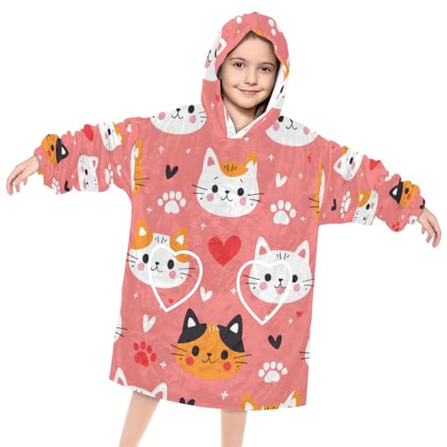 Wearable Blanket Hoodie for Kids, Cartoon Cat Fleece Sweatshirt Blanket Oversized Blanket Sweatshirt with Pocket Flannel Warm Hooded Blanket 6-10 Year Old Girl Boy Gift, One Size