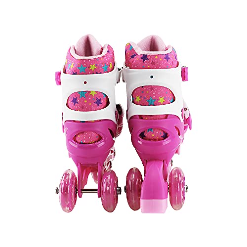 Patins Inline e Triline 4 Rodas Infantil Feminino + Kit de Proteção com Mochila Rosa com Estrelas