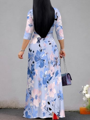 Image of Plus Size Dresses for Women Floral Print Maxi Dress Flowy 3 /4 Sleeve with Belt