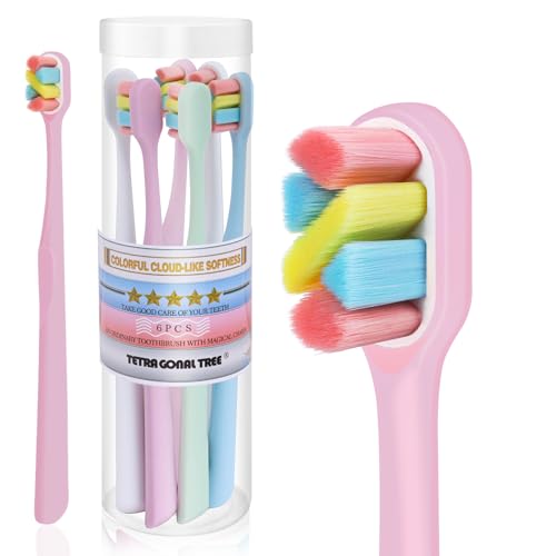 Tetragonal tree 6 Count Extra Soft Toothbrushes | Periodontist-Designed Tapered Bristles for Sensitive Teeth and Receding Gums | Plaque Remover Toothbrushes in Bucket Packaging - Colors May Vary
