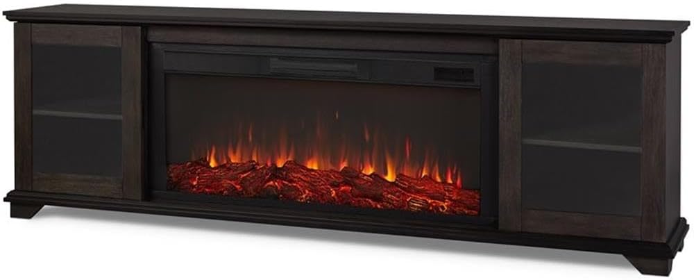 Pemberly Row Solid Wood Landscape Media Electric Fireplace, 81 in Wide, Weathered Brown Finish, Glass Doors, Adjustable Thermostat, Heatless Flame Option, Entertainment Center for Living Room Use