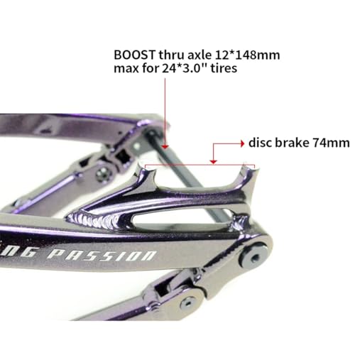 HIMALO Mountain Bike Suspension Frame 24er 12.5'' DH/XC Boost MTB Frame Disc Brake Frames Thru Axle 12 * 148mm ，max for 3.0'' Tires(Purple 12.5'')