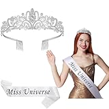 Yinkin Miss Universe Halloween Cross Body Pageant Sash and Silver Crystal Tiara Crown Headband Princess Elegant Crown with Combs for Women Wedding Pageant Birthday Halloween Party