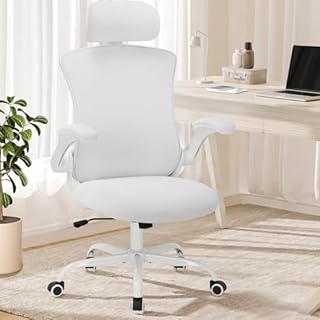 COLAMY Office Chair Mesh Computer Chair with Adjustable Headrest and Lumbar Support Ergonomic Desk Chair with Flip-up Armrest, 140° Rocking for Home Office Study, White