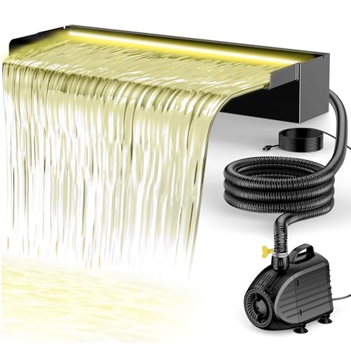 Biling Juego completo de cascada de acero inoxidable con bomba y LED, 40 W, 2500 l/h, para estanque de jardín, estanque de natación, juego de agua, decoración en cascada