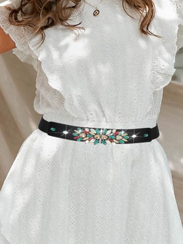 Urieo Rhinestone Stretchy Cinch Belt Crystal Black Elastic Belts Wide Stretch Dress Dresses Ladies Waist Belt for Women2