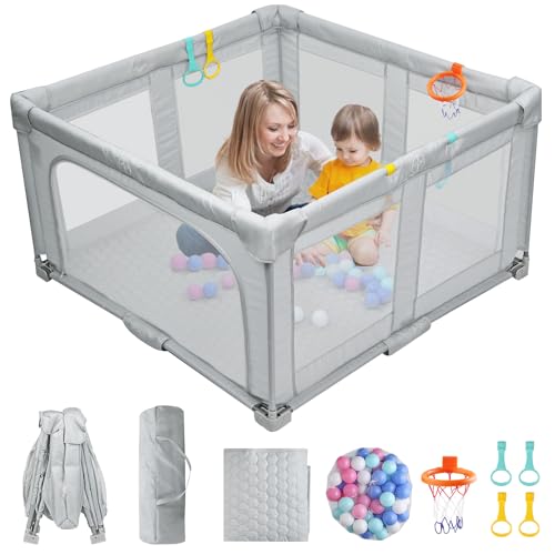 FUNYKICH 50”×50” Foldable Baby Playpen with Soft Mat, Portable Playpen for Babies and Toddlers with Visible Mesh, Baby Play Yard with 50 Ocean Ball + 4 Handles + 1 Basket, Grey