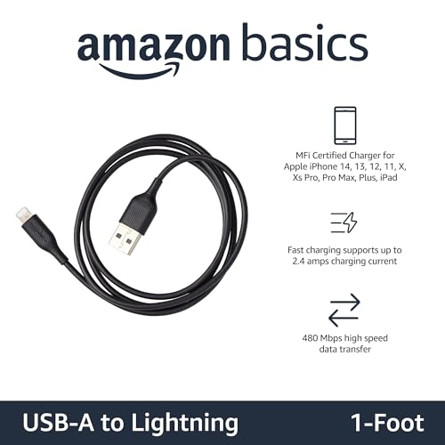 Image of Amazon Basics New Release ABS USB-A to Lightning Cable Cord, MFi Certified Charger for Apple iPhone, iPad,Black, 1-Ft
