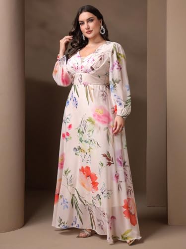 Image of Spring Summer 2024 Plus Size Womens Dresses V Neck Casual Elegant Long Sleeve Floral Print Maxi Dress