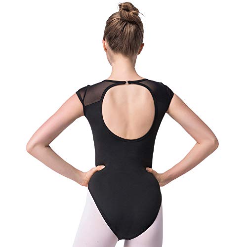Dance Ballet Leotards Backless Gymnastics Costumes Mesh Cap Short Sleeve for Women Big Girls