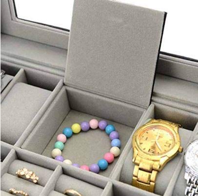 MR Maestro Relojero - Vitrina para Guardar 8 Relojes, Gemelos y Joyas | Piel sintética e Interior Aterciopelado Grey | Ideal para Organización de Joyas y Relojes, Muy Practico, Estupendo para Regalo