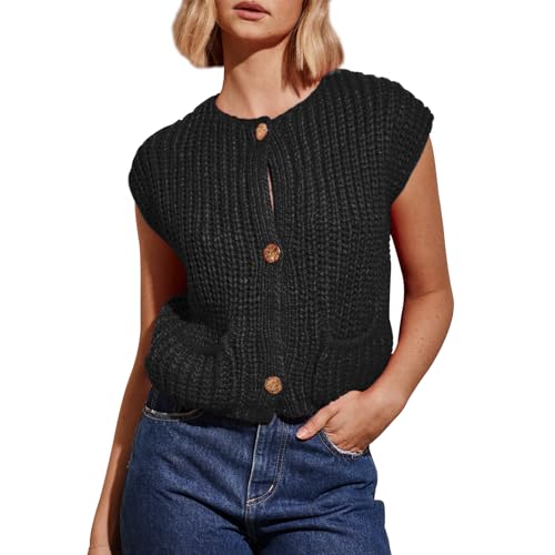 Image of UAURORAO Women Chunky Sweater Vest Button Down Crochet Cable Knit Cardigan Sleeveless Open Front Knitted Crop Waistcoat