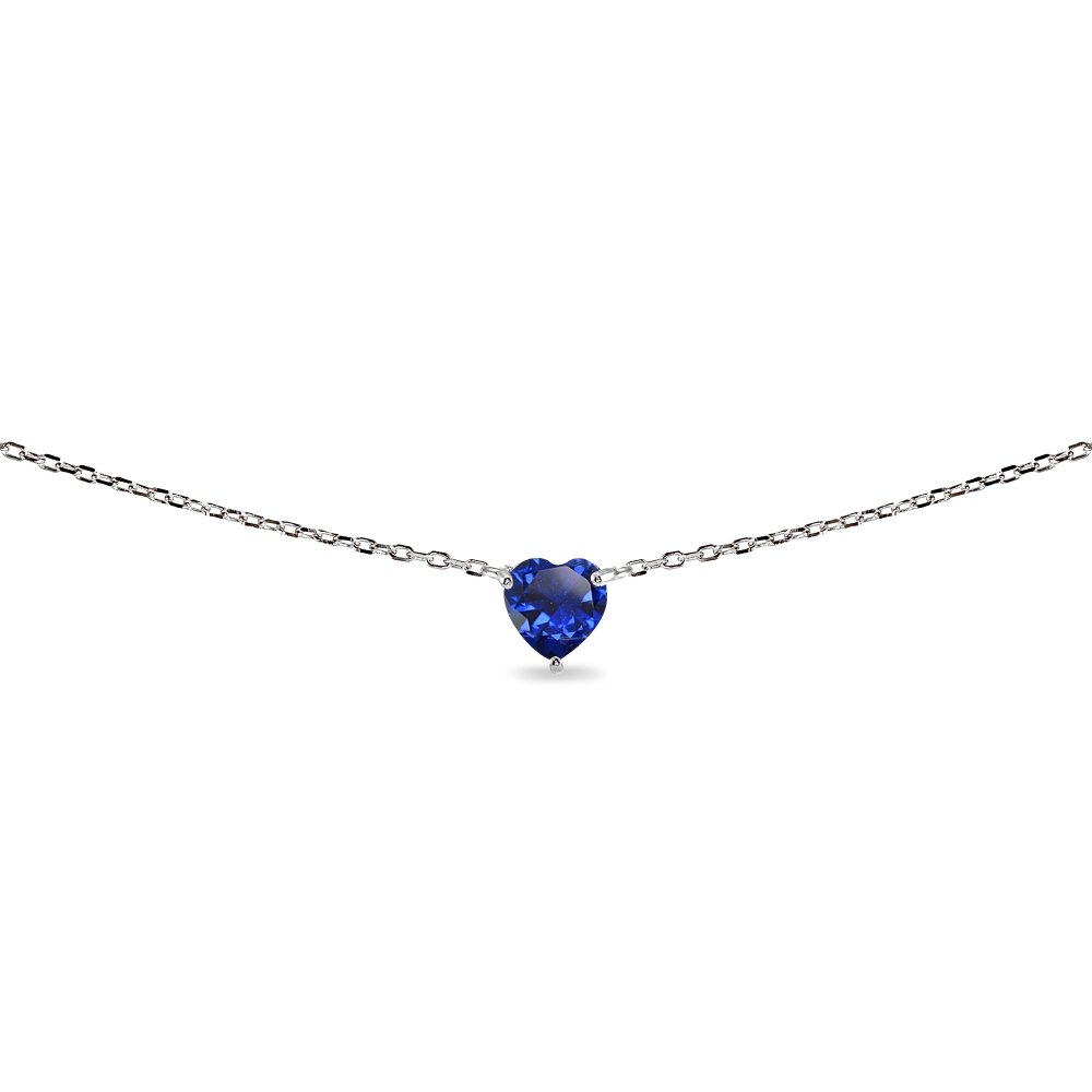 LovveSterling Silver Heart-cut Created Blue Sapphire Solitaire Choker Necklace for Women, wife, girlfriend