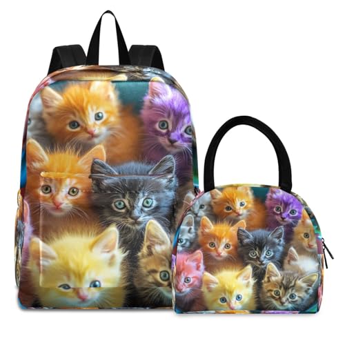 Colorful Cats Print Backpack Set with Lunch Bag, Large Capacity Travel Backpacks and Lunch Box Insulated for Commute Hiking Picnic