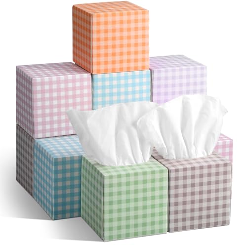 Fourluoo 12 Pack Summer Colorful Plaid Facial Tissues Cube Face Boxes 600 Sheets 3 Ply Small Square Tissues Bulk for Car Bedroom Supplies